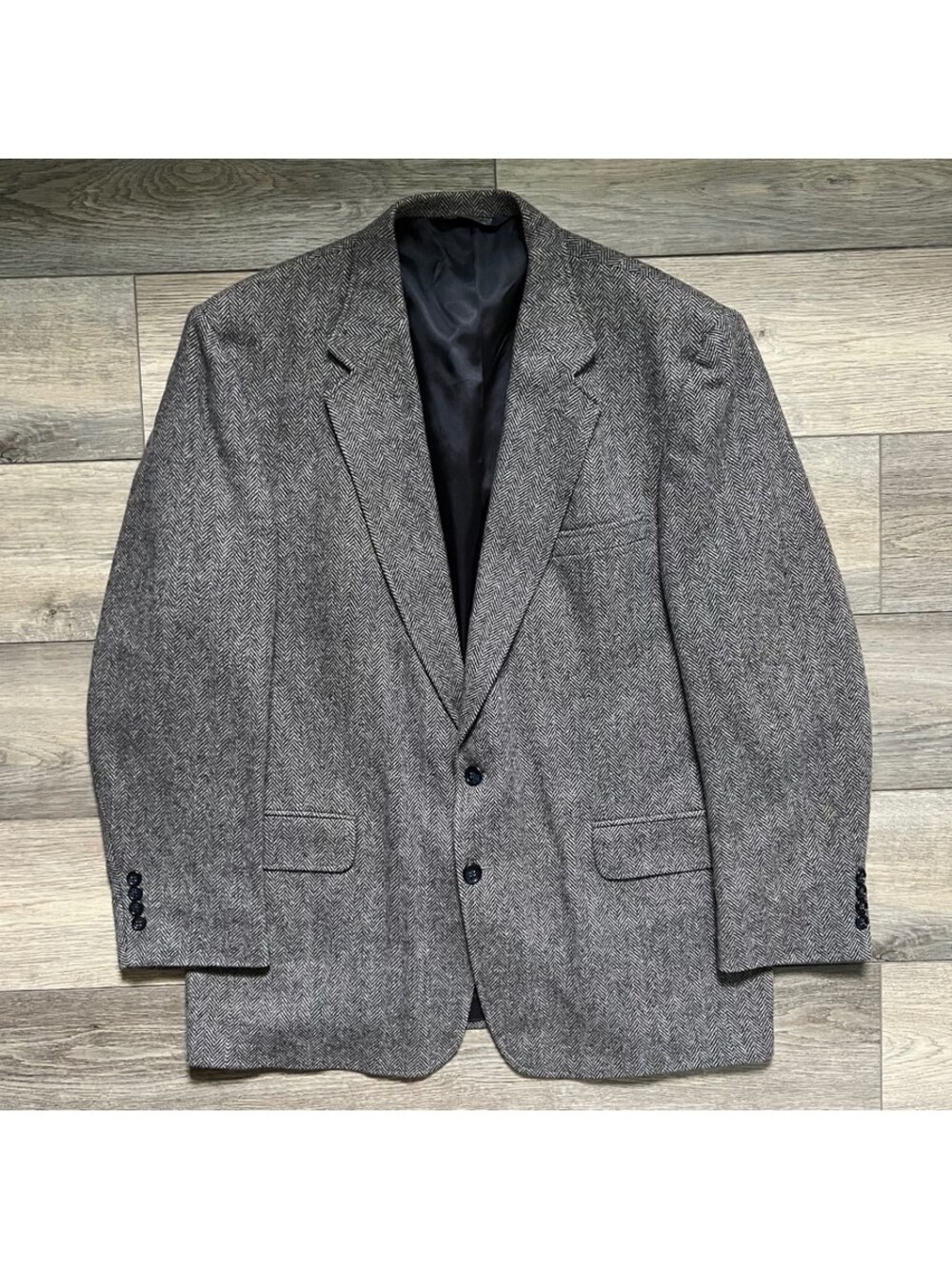 Vintage Lands End Mens 46 Long Gray Herringbone Blazer Sport Coat Lambs Wool USA